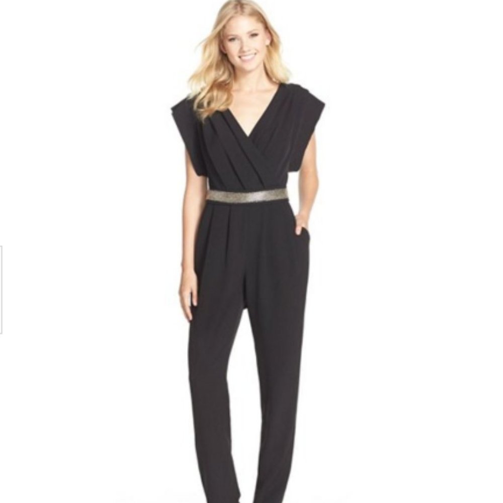 Eliza J Beaded Belt V Neck Cap Sleeves Straight Leg Jumpsuit Black Size 14